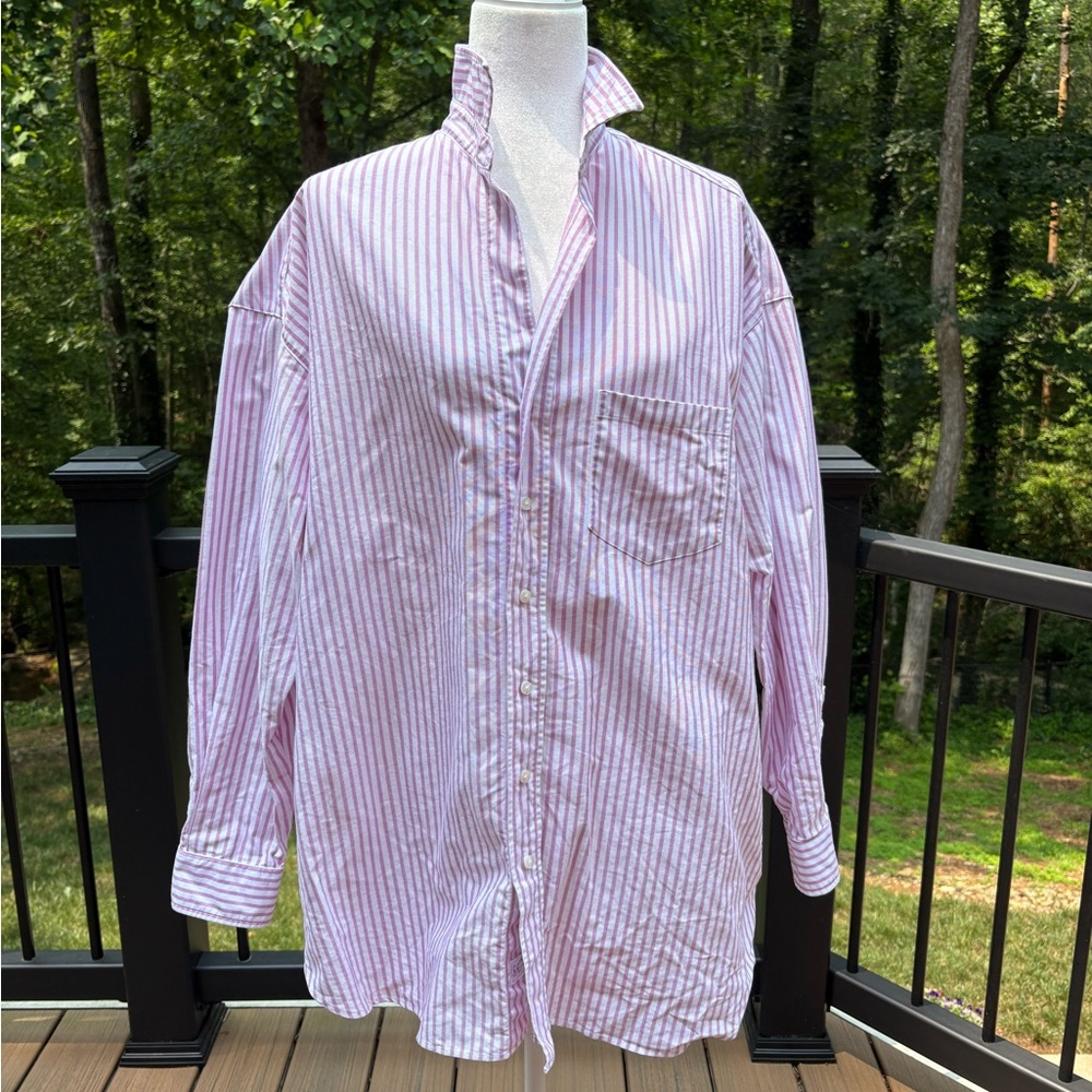 Frank and Eileen Shirley Oversized Buttondown Bright Pink and White Stripe M